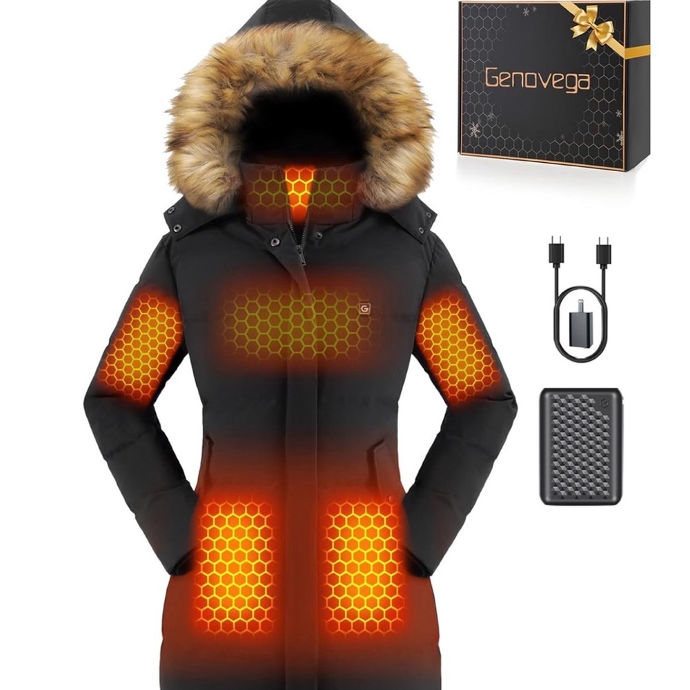 Women's Heated Jacket with Faux Fur Hood - Black